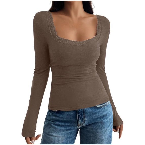 XuJwPNcy Long Sleeve Shirts for Women Square Neck Lace Trim Slim Fit Outfits Fashion Ribbed Knit Tops Womens Fall Clothes