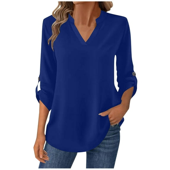 XuJwPNcy Long Sleeve Tops for Women V Neck Tunic Business Casual Dressy Blouse Rolled Sleeve Solid Color T Shirts（Blue,Small)