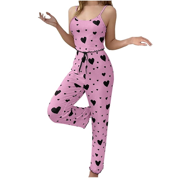 XuJwPNcy Lounge Sets for Women Heart Print Pajama Sets Crop Cami Top and Ruffle Long Pants 2 Piece Ribbed Sleepwear