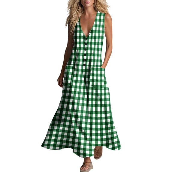 XuJwPNcy Maxi Dresses for Women V Neck Trendy Plaid Summer Dress Sleeveless Aline Beach Sundresses with Pockets Travel Outfit