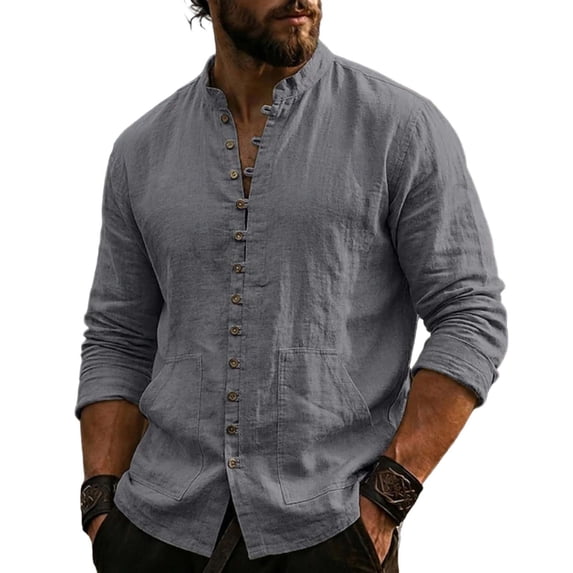 XuJwPNcy Men Long Sleeve Linen Shirts Casual Mock Neck Button down Tops Fall Beach Vacation Shirts(Gray,3X-Large)