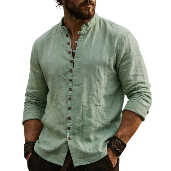 XuJwPNcy Men Long Sleeve Linen Shirts Casual Mock Neck Button down Tops Fall Beach Vacation Shirts(Green,X-Large)
