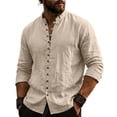 thumbnail image 1 of XuJwPNcy Men Long Sleeve Linen Shirts Casual Mock Neck Button down Tops Fall Beach Vacation Shirts(Khaki,Medium), 1 of 7