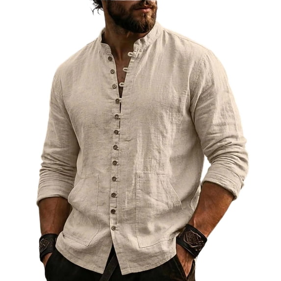 XuJwPNcy Men Long Sleeve Linen Shirts Casual Mock Neck Button down Tops Fall Beach Vacation Shirts(Khaki,Medium)