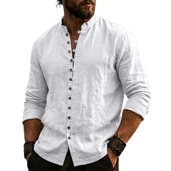 XuJwPNcy Men Long Sleeve Linen Shirts Casual Mock Neck Button down Tops Fall Beach Vacation Shirts(White,X-Large)