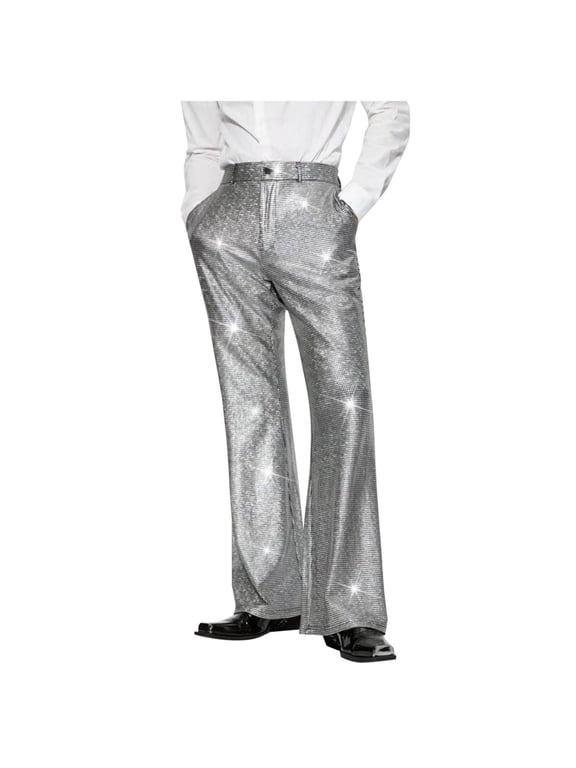 Men Wide Leg Pants Glitter Sparkly Festival Party Pants Fashion Regular Fit Trousers with Pockets(Silver,X-Large)