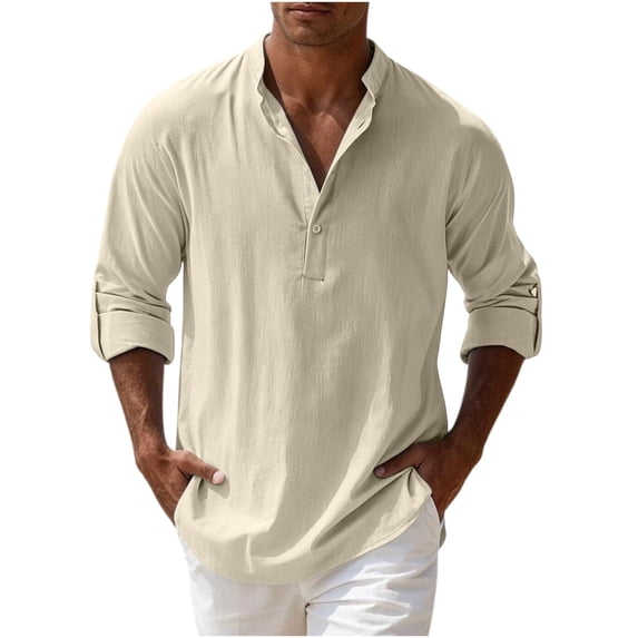 XuJwPNcy Men's Henley Shirts Long Sleeve Button T-Shirt Casual Stylish Cotton Linen Shirt Breathable Beach Travel Clothes