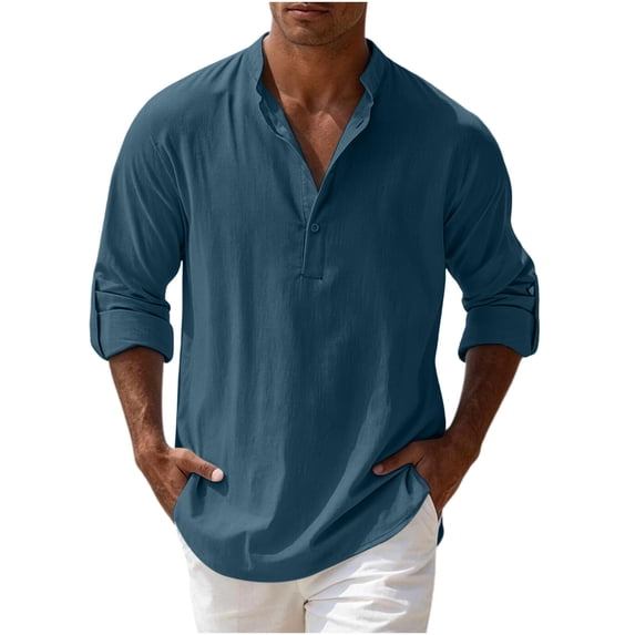 XuJwPNcy Men's Henley Shirts Long Sleeve Button T-Shirt Casual Stylish Cotton Linen Shirt Breathable Beach Travel Clothes