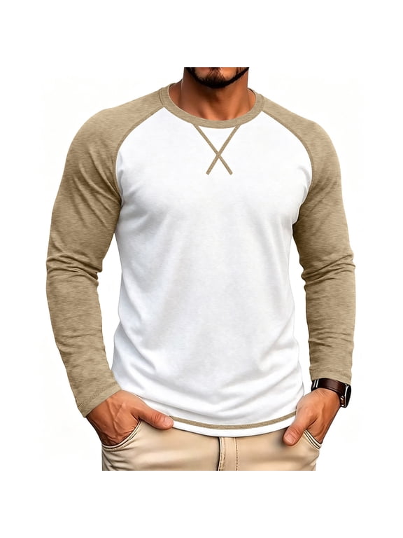 Mens Long Sleeve T Shirts Casual Crew Neck Raglan Tee Regular Fit Baseball Pullover Tops Fashion Fall Winter Clothes(White,X-Large)