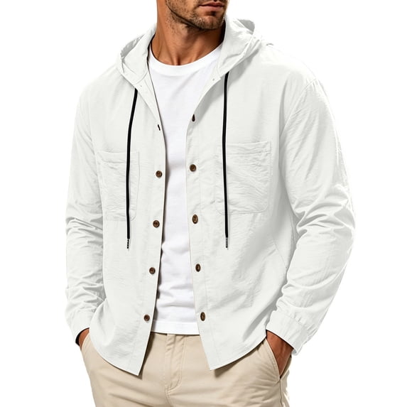 XuJwPNcy Mens T-Shirts Long Sleeve Button Down Shirts Shacket Drawstring Hooded Tops Breathable Work Clothes with Pockets
