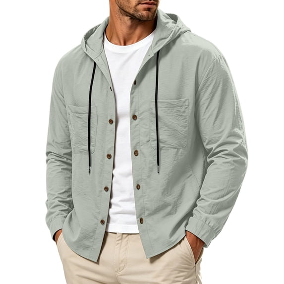 XuJwPNcy Mens T-Shirts Long Sleeve Button Down Shirts Shacket Drawstring Hooded Tops Breathable Work Clothes with Pockets