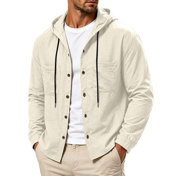 XuJwPNcy Mens T-Shirts Long Sleeve Button Down Shirts Shacket Drawstring Hooded Tops Breathable Work Clothes with Pockets