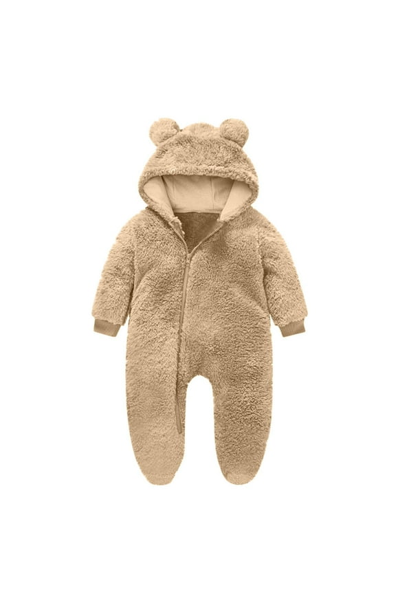 Newborn Long Sleeve Romper Fuzzy Jumpsuit with Hooded Infant Winter Clothes Baby One-Piece Outfit 0-12 Months