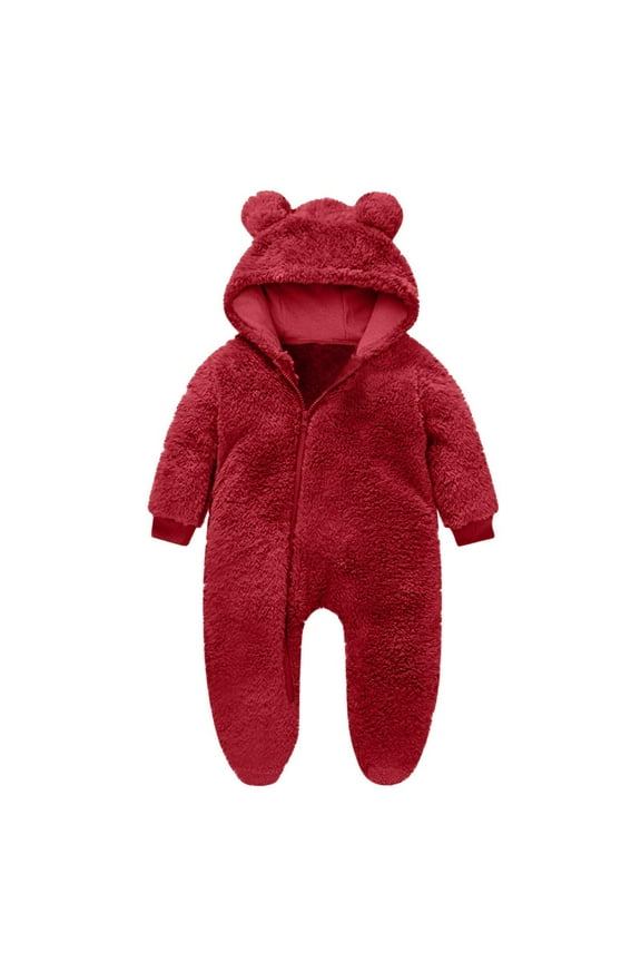 Newborn Long Sleeve Romper Fuzzy Jumpsuit with Hooded Infant Winter Clothes Baby One-Piece Outfit 0-12 Months