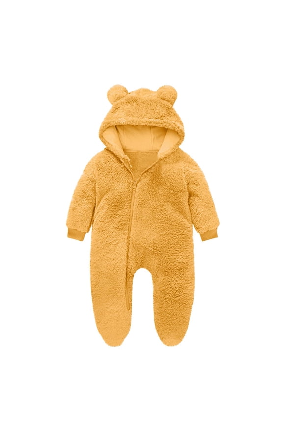 Newborn Long Sleeve Romper Fuzzy Jumpsuit with Hooded Infant Winter Clothes Baby One-Piece Outfit 0-12 Months