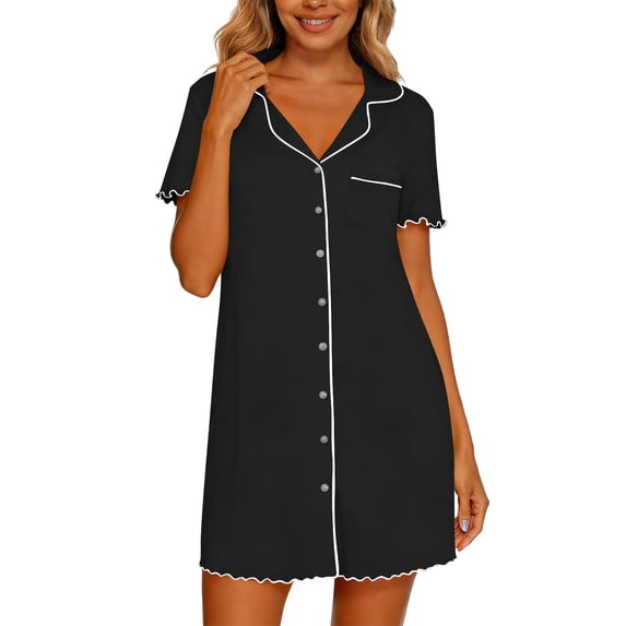XuJwPNcy Nightgowns for Women Lapel Button Down Nightshirt Trendy Ruffle Hem Short Sleep Dress with Pocket Summer Clothes