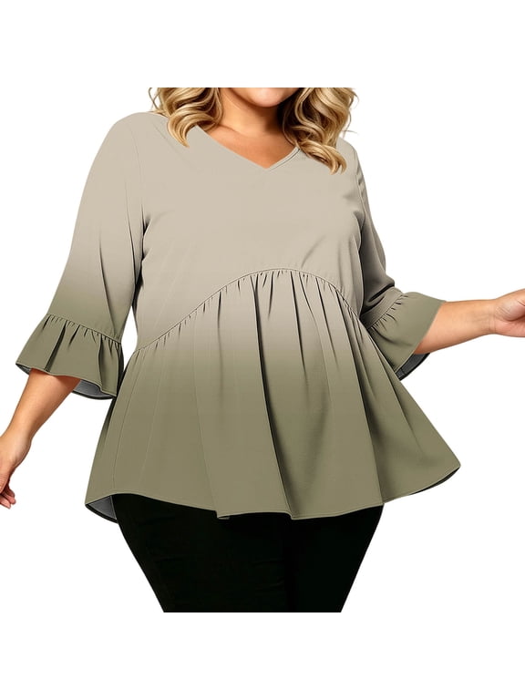 Plus Size Shirts for Women 3/4 Length Flared Sleeve V Neck Blouses Casual Loose Fit Pleated Front Tops(Brown,Large)