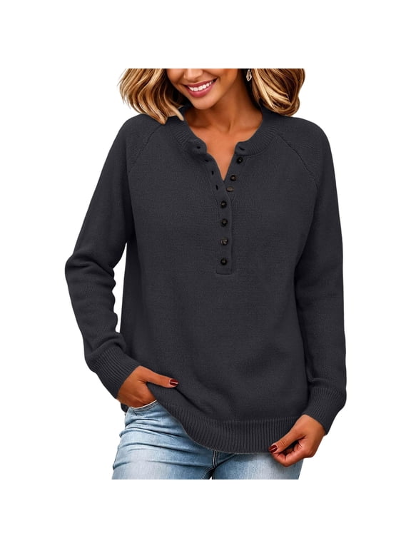 Plus Size Sweaters for Women Henley Neck Loose Fit Pullover Sweaters Casual Knitted Tunic Tops(Black,4X-Large)