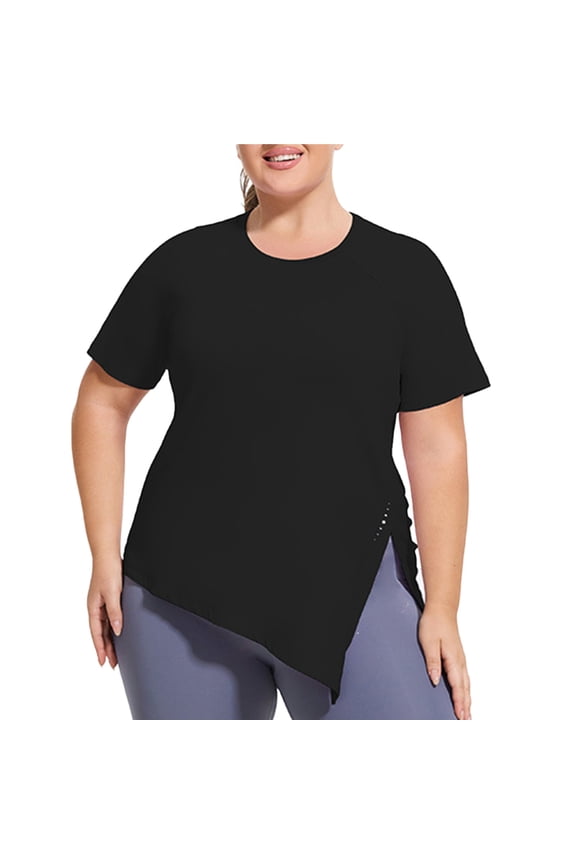Plus Size T-Shirts for Women Crew Neck Short Sleeve Split Side High Low Hem Tunics Tops Basic Summer Tee Blouses