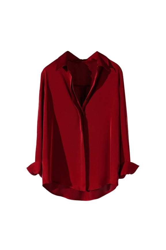 Satin Blouses for Women Business Office Work Tops Casual Long Sleeve Shirt Silk Button down Shirts for Women（Wine,Medium)