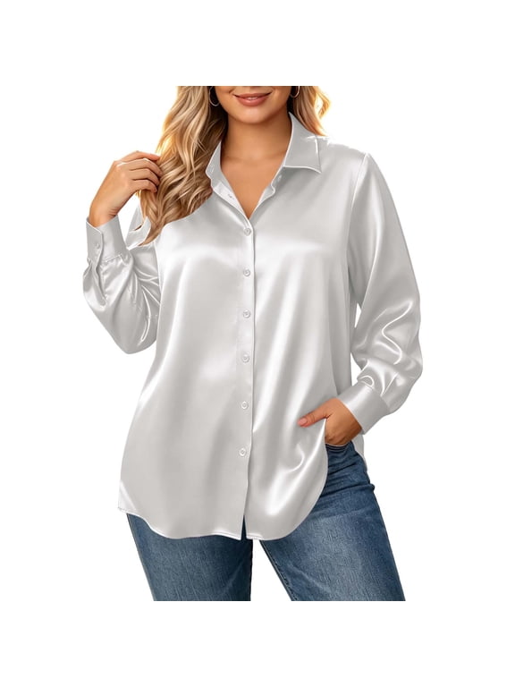 Satin Blouses for Women Long Sleeve Button down Silk Lapel Shirts Plus Size Business Casual Work Tunic Top(White,4X-Large)