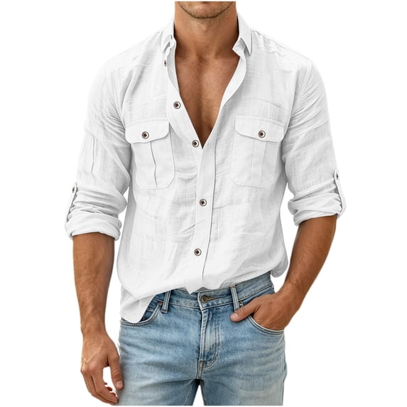 XuJwPNcy Shirts for Men Rolled Long Sleeve Collar Tops Button Down Shirts with Pockets Comfortable Breathable Work Clothes