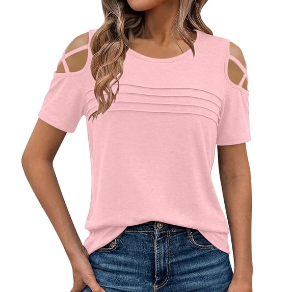 XuJwPNcy Short Sleeve Tops for Women Crew Neck Cold Shoulder Blouses Casual Pleated Tee T Shirts Trendy Summer Clothes