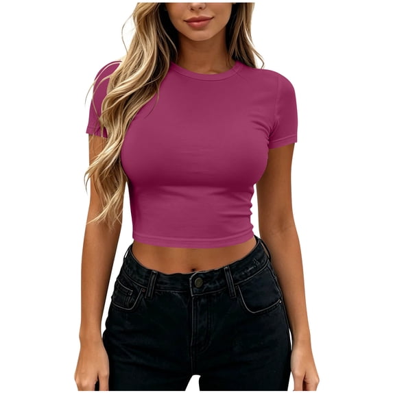 XuJwPNcy Short Sleeve Tops for Women Thin Round Neck Crop T-Shirts Slim Fit Comfy Tee Ladies Summer Going out Clothing