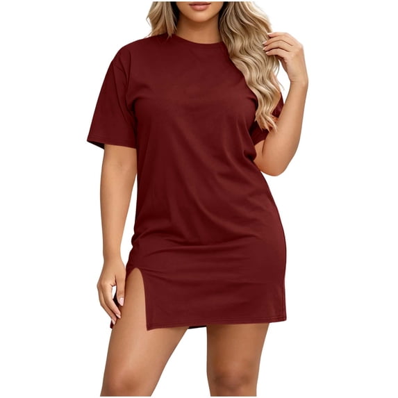 XuJwPNcy Summer Dresses for Women Side Slit Short Dresses Comfy Round Neck Tshirt Dresses Ladies Thin Breathable Outfits