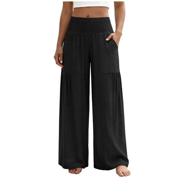 XuJwPNcy Summer Pants for Women Smocked Waist Flowy Wide Leg Trousers Trendy Lounge Clothes Comfy Beach Outfits with Pockets