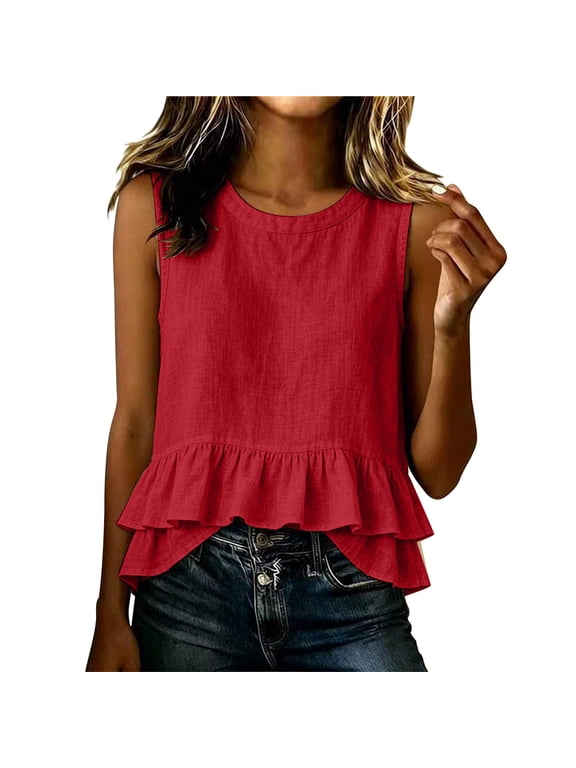 Summer Tank Tops for Women Lightweight Sleeveless T-Shirt Round Neck Ruffle Tee Blouses Casual Cotton Linen Clothes