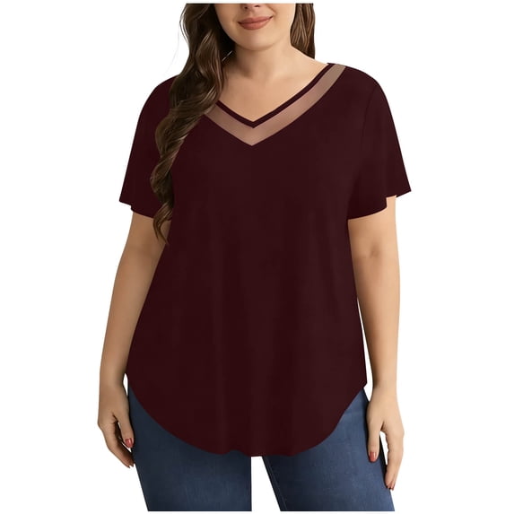 XuJwPNcy Summer Tops for Women V Neck Curved Hem Plus Size Tops Loose Fit Fashion T Shirts Thin Breathable Clothes L-5XL