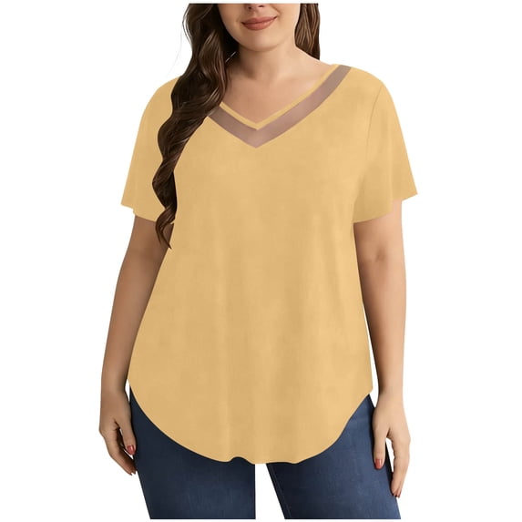 XuJwPNcy Summer Tops for Women V Neck Curved Hem Plus Size Tops Loose Fit Fashion T Shirts Thin Breathable Clothes L-5XL
