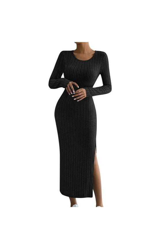 Sweater Dresses for Women Ribbed Knit Side Split Dress Crew Neck Long Sleeve Slim Knit Sweater Dresses