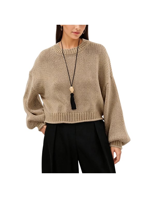Sweaters for Women Crew Neck Fall Long Sleeve Sweaters Casual Loose Fit Pullover Tops Going out Travel Layering Clothes(Khaki,Large)