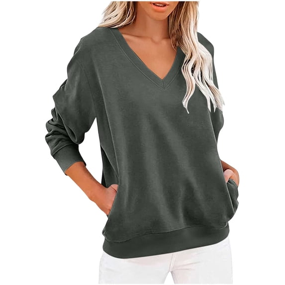 XuJwPNcy Sweatshirt for Women Casual Plain V Neck Long Sleeve Pullover Loose Pockets Tops Fashion Fall Winter Outfits(Gray,Small)