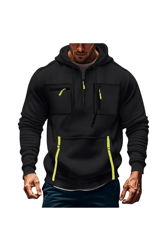 Sweatshirts Men Cargo Hoodies Quarter Zip Long Sleeve Workout Cargo Pullover Outdoor Winter Jacket with Pocket(Black,Large)