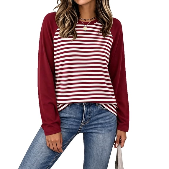 XuJwPNcy T Shirts for Women Long Sleeve Classic Fit Striped Tees Crew Neck Color Block Basic Tops(Wine,X-Large)