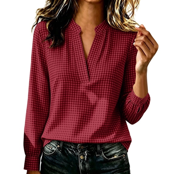 XuJwPNcy T Shirts for Women V Neck Fashion Plaid Tops Long Sleeve Dress Shirts Fall Business Casual Work Clothes Office Outfit