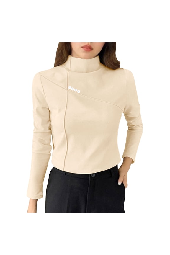 Thermal Shirts for Women Turtleneck Tops Long Sleeve Fleece Lined Warm Undershirt for Cold Weather Basic Layer(Beige,Large)