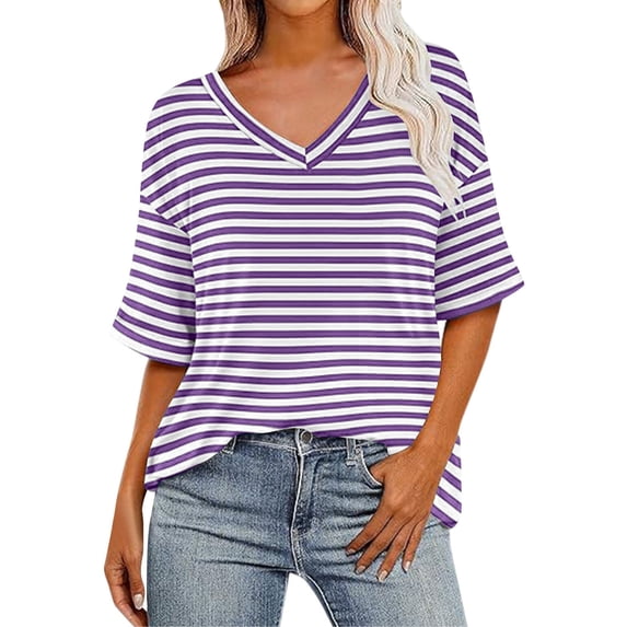 XuJwPNcy V Neck T Shirts for Women Short Sleeve Basic Trendy Outfits Summer Color Block Tops Soft Casual Clothes
