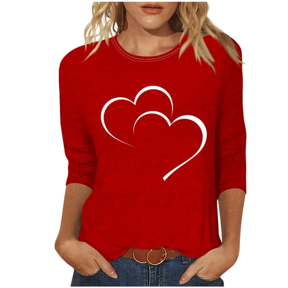 XuJwPNcy Valentines Shirts for Women Dressy 3/4 Sleeve Crew Neck Hearted Printed Tops Cute Tunic Tops Casual T Shirt
