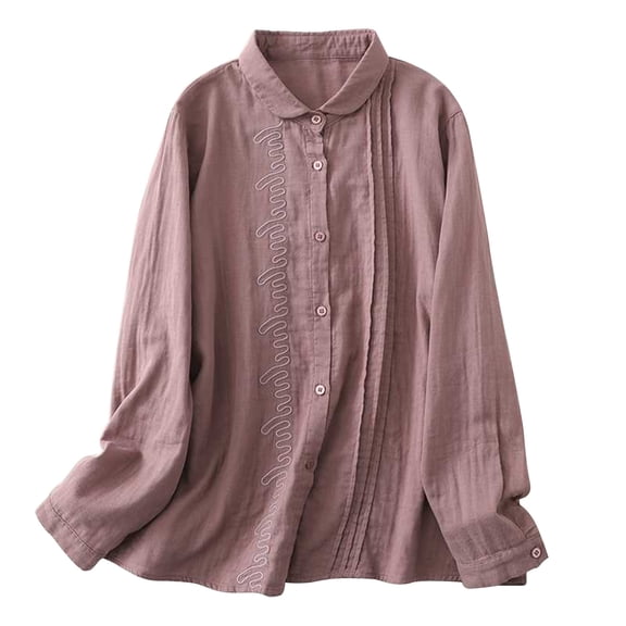 XuJwPNcy Women Button down T Shirt Long Sleeve Casual Loose Fit Lapel Neck Blouse Top Embroidered Basic Shirts