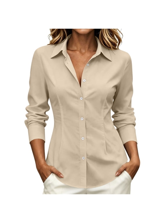 Women Button down Work Shirts Solid Color Business Casual Blouses Fashion Dressy Tops for Office(Khaki,XX-Large)
