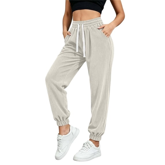 XuJwPNcy Women Jogger Pants Lightweight Drawstring High Waist Cinch Bottoms Trousers Workout Running Pants with Pockets(Beige,Large)