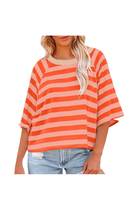 Women Oversized Striped T Shirts Half Sleeve Crew Neck T-Shirts Casual Baggy Pullover Summer Basic Tee