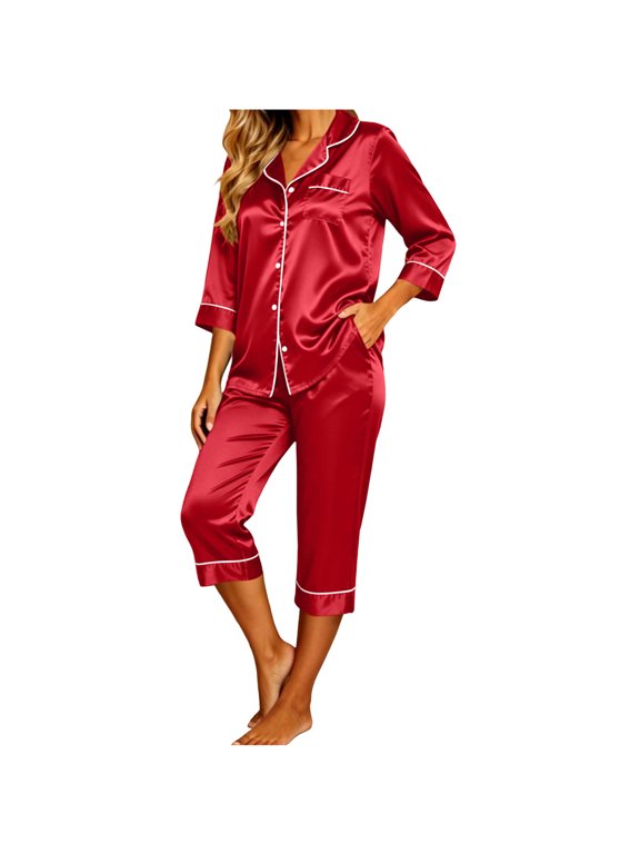 Women Satin Pajamas 3/4 Sleeve Tops Matching Capri Pants 2 Piece Sets Lightweight Soft Silky Sleepwear(Red,XX-Large)