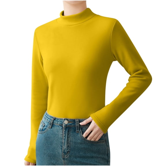XuJwPNcy Women Thermal Long Sleeve Shirts Mock Neck Winter Tops Base Layer Undershirt Fleece Lined Fitted Tops(Yellow,Medium)