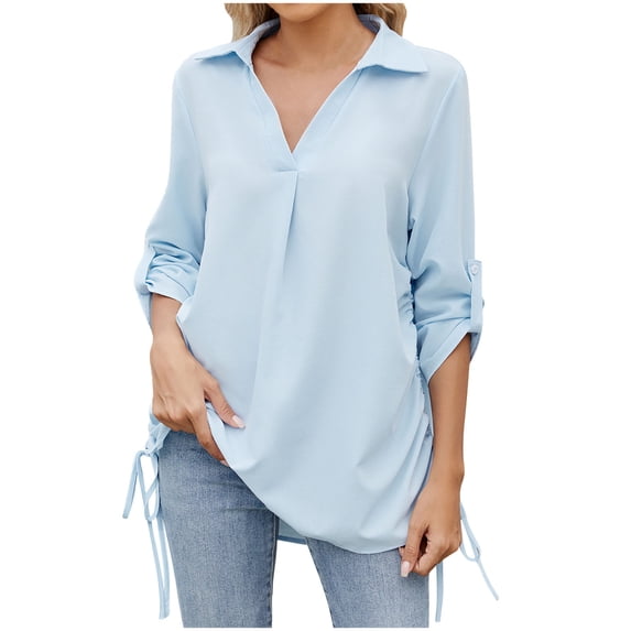 XuJwPNcy Women's 3/4 Sleeve Chiffon Blouses Loose V-Neck Shirts for Spring Business Casual Tops Women Fall Clothes