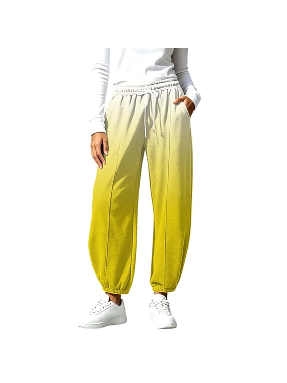 Women's Baggy Wide Leg Pants Casual Drawstring Gradient Trousers Colorful Elastic High Waisted Workout Sweatpants(Yellow,Small)